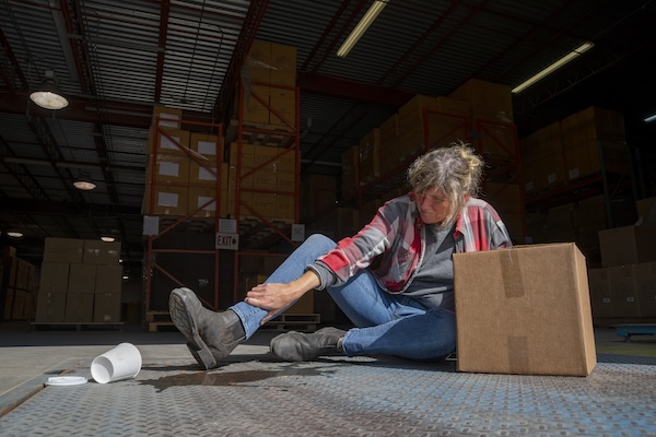 A Warehouse Logistics Safety Topic A Female Employee Falls After Slipping On A Spilled Drink